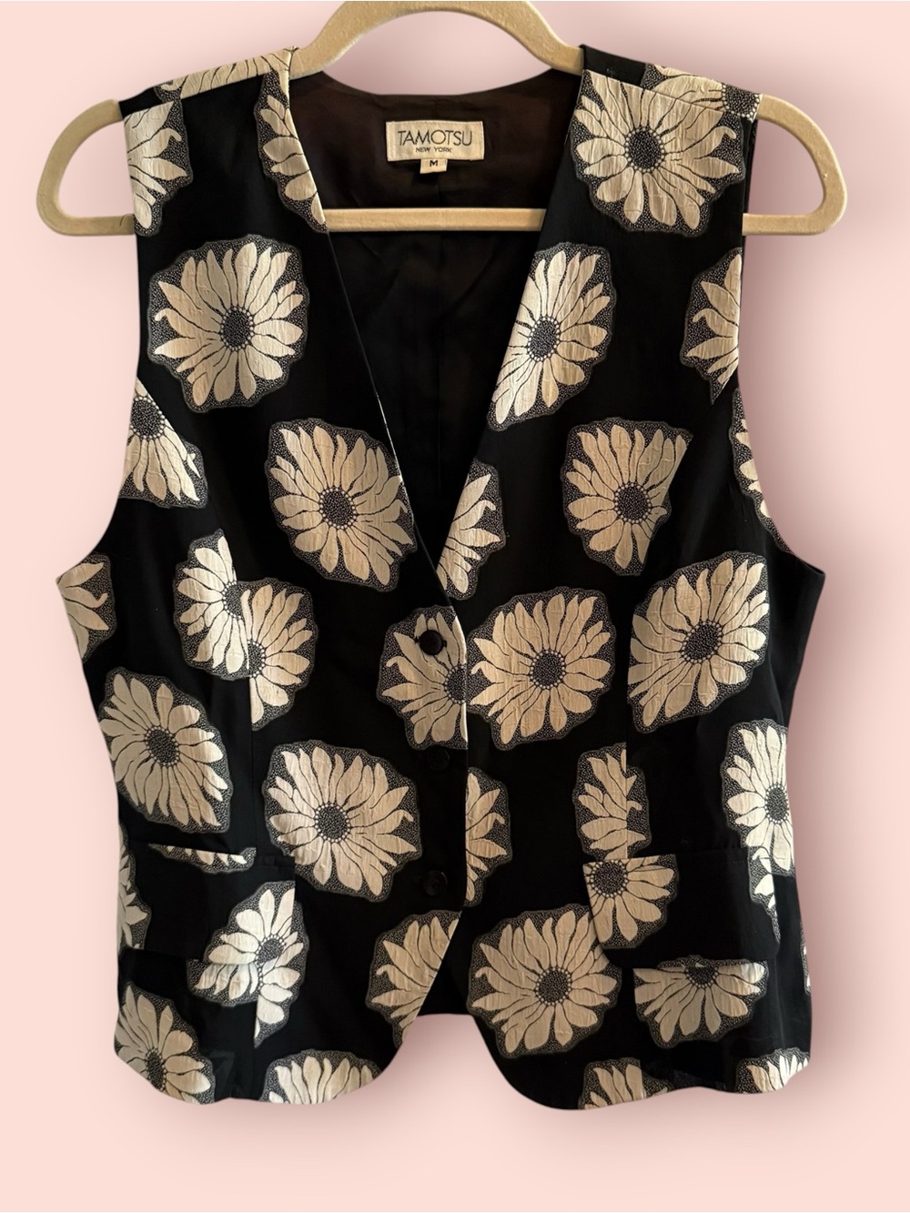 Vintage Tamotsu New York Floral Vest Top | Black & Ivory Daisy Print